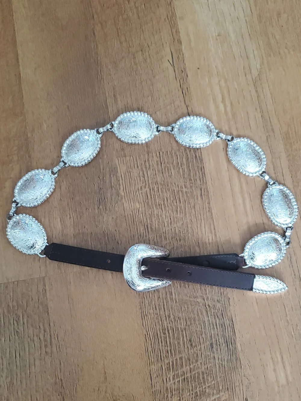 Tony Lama Vintage Heavyweight Silver Concho Brown Leather Belt - Women Size 30